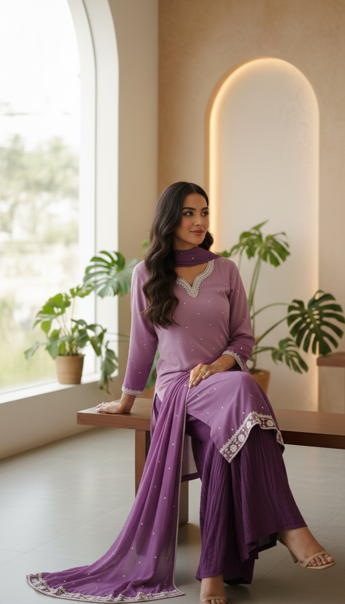 Lavender Fields Embroidered Suit💜 Trouser/Crush plazo