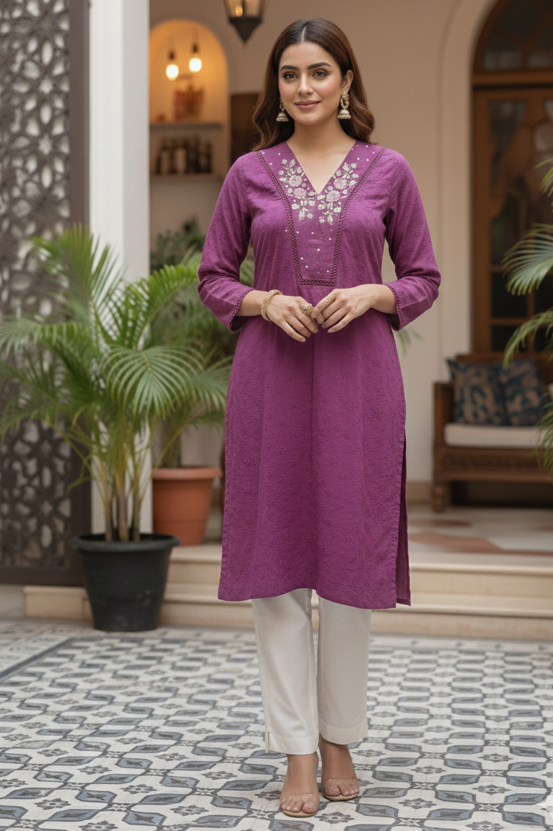 Hand-Touched Machine Embroidered Chikankari Kameez with Trouser & Farshi Shalwar