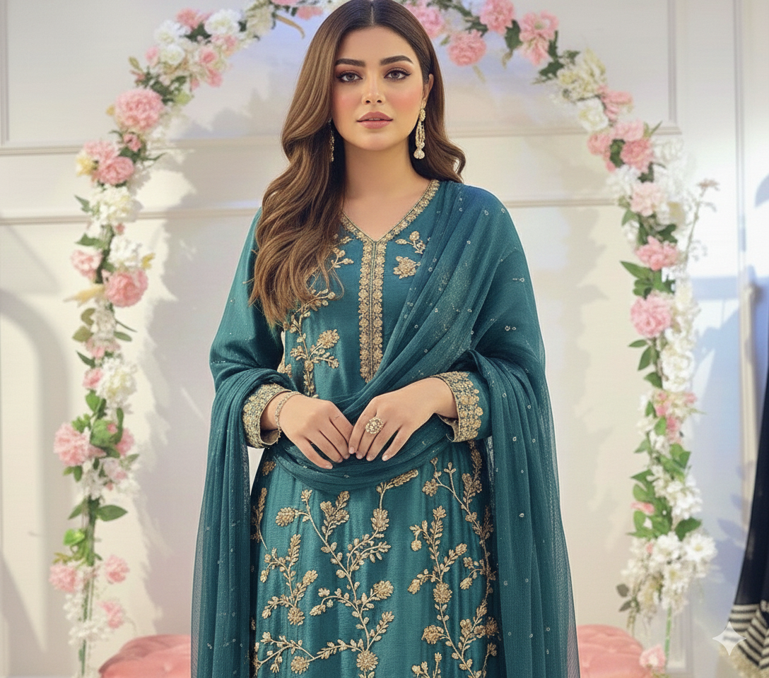 Forest Green Sheesha Silk Ensemble – 3 Piece Formal Wear