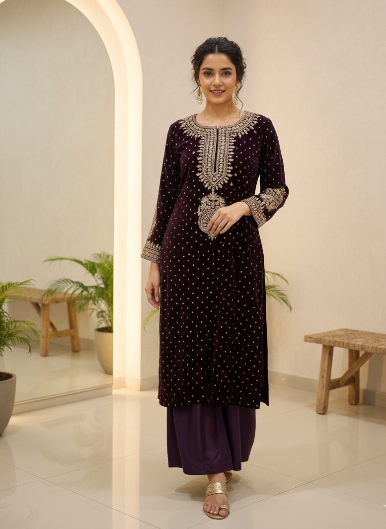 Deep Plum Embroidered Velvet Kurta & Palazzo Set