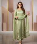 Pistachio Green Shamoz Silk Ensemble with Hand-Embellished Cut Dana Panels