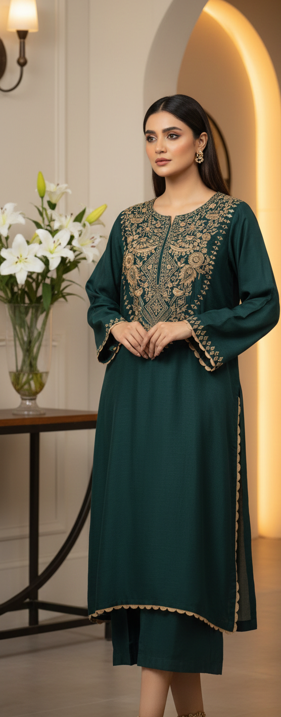 Emerald Enigma – Embroidered Sheesha Silk 3-Piece Suite