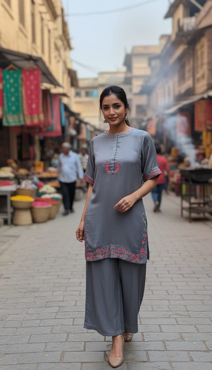 "The Slate Serenity: Embroidered Velvet Silk Co-ord"