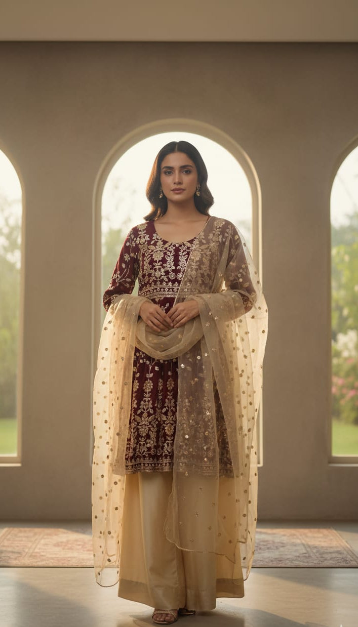 Deep Maroon Sequin Peplum & Silk Palazzo Set