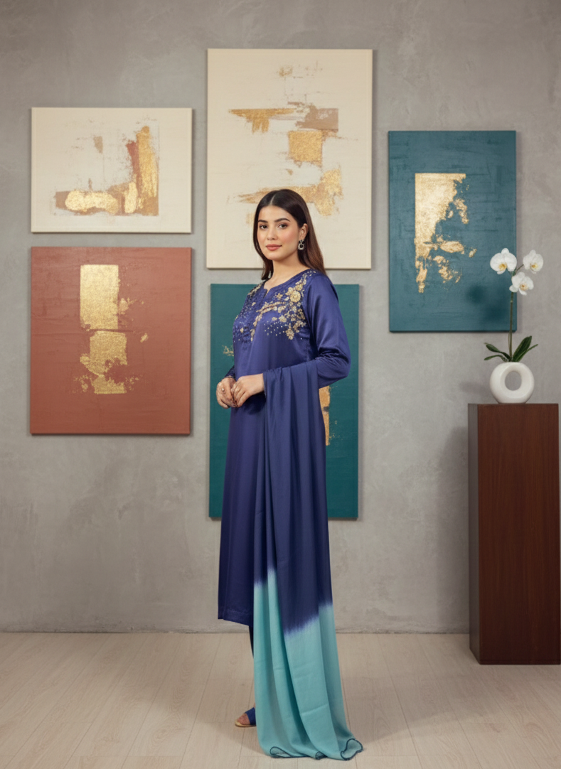 Deep Navy Hand-Crafted Shamose Silk Set with Dual-Tone Wrap