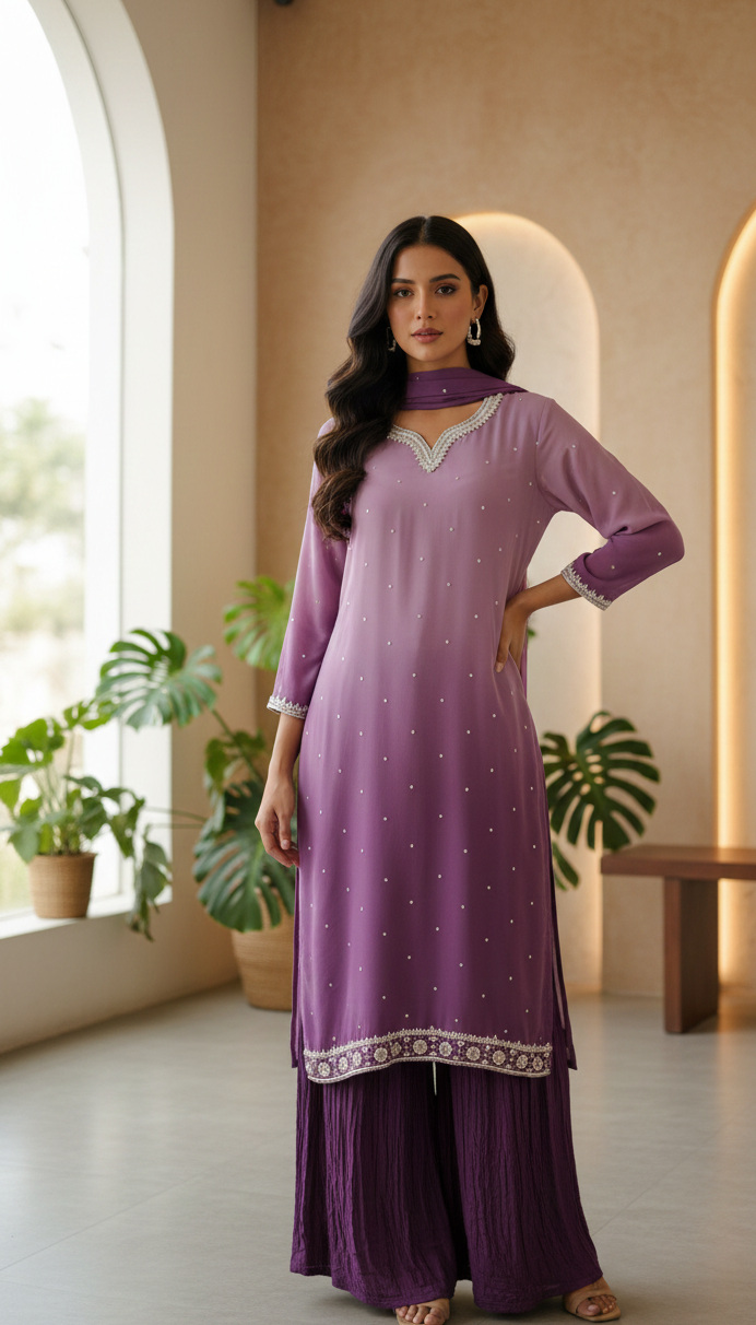 Lavender Fields Embroidered Suit💜 Trouser/Crush plazo