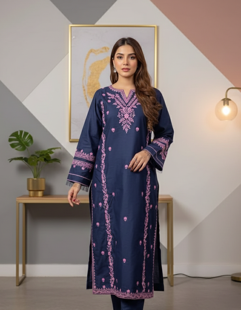 Midnight Navy Embroidered Kurta Set with Pink Accents
