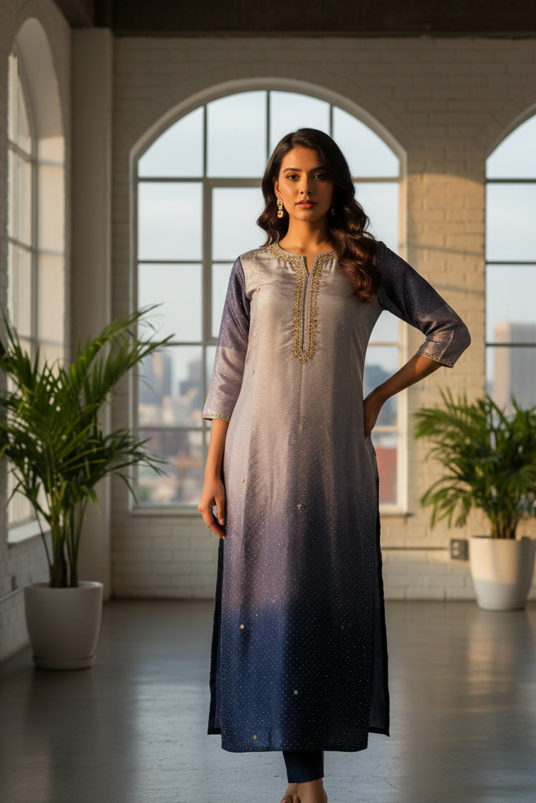 Hand-Embroidered Lama Tissue Kurta with Double-Shade Silk Dupatta