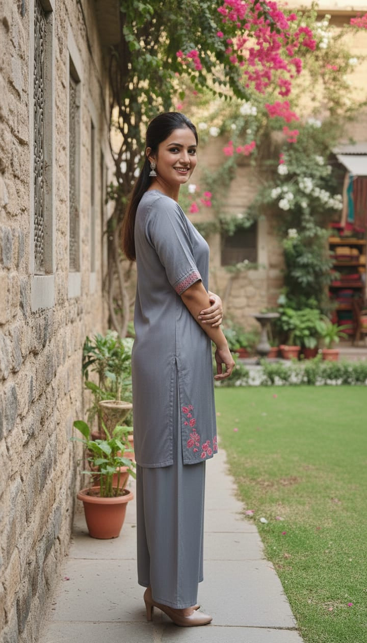 "The Slate Serenity: Embroidered Velvet Silk Co-ord"