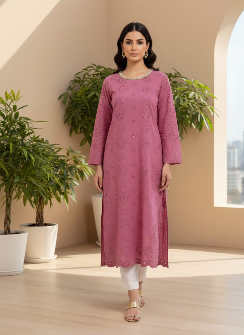 Dusty Rose Chikankari Kameez with Hand-Embroidered Neck & Farshi Shalwar Set