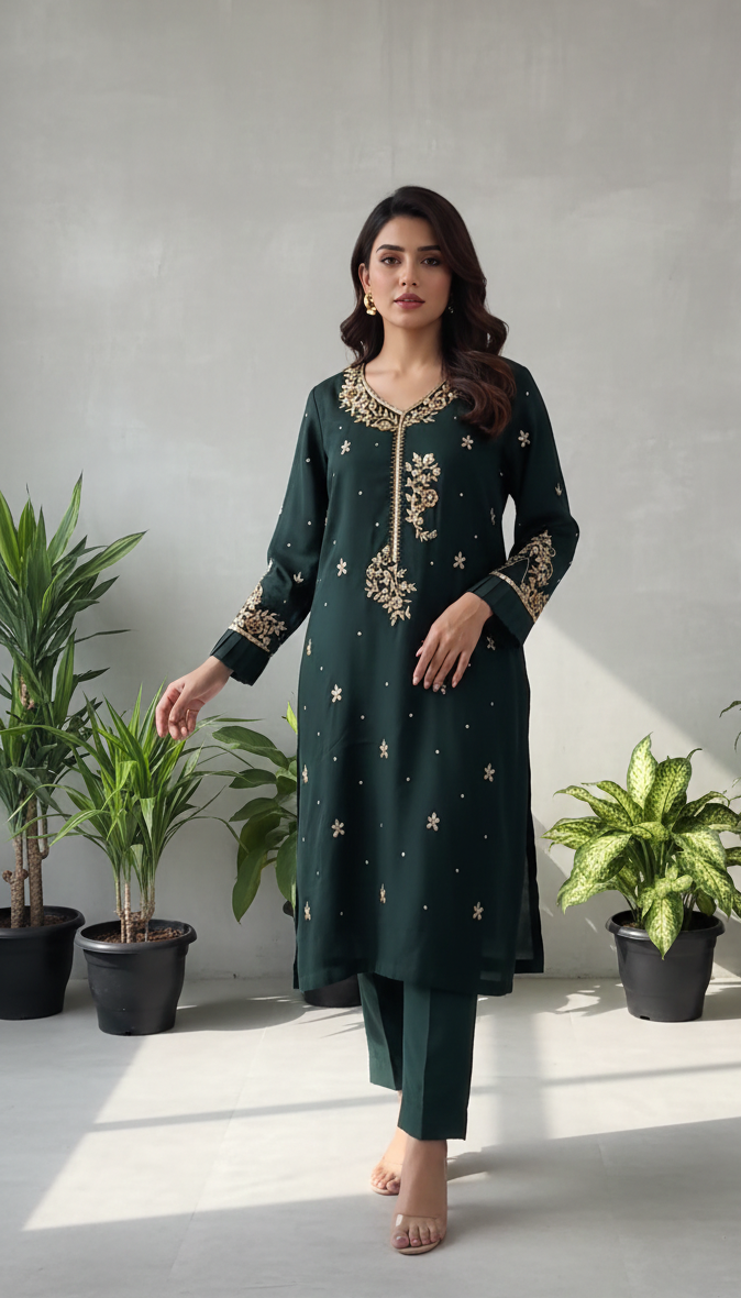 Emerald Green Hand-Embellished Organza Suite – 3 Piece