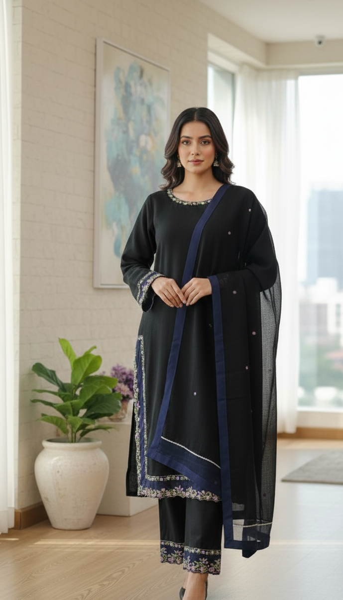 Midnight Bloom – Hand-Embellished Khaadi Net & Organza Ensemble