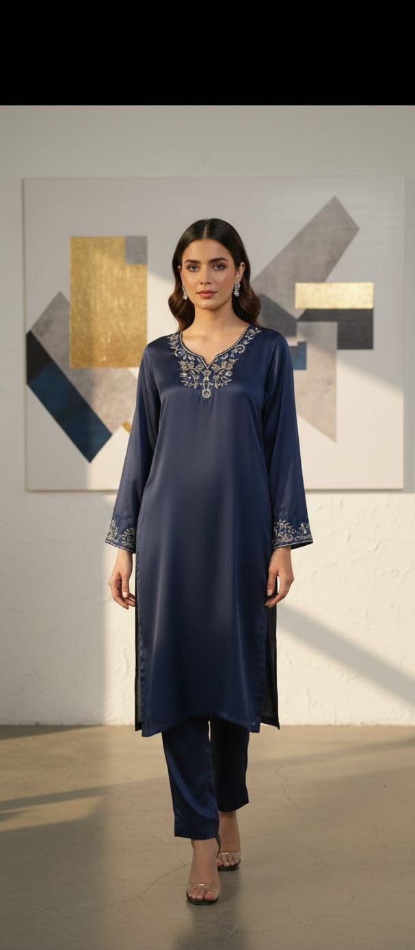 Midnight Navy Hand-Embellished Shamoos Silk 2-Piece Set