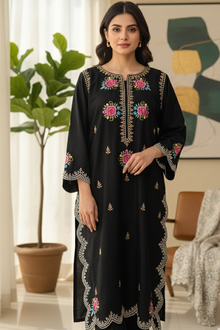 Midnight Bloom Raw Silk Kaftan Set