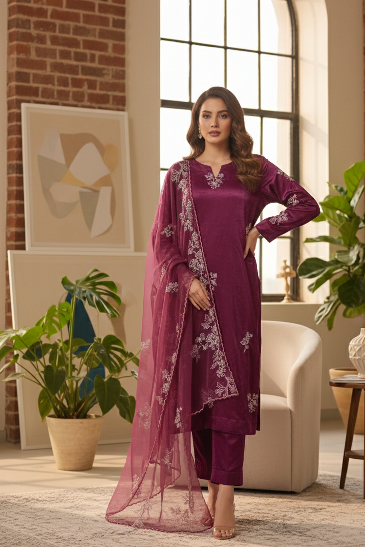 Elegant Silk Shirt & Embroidered Organza Dupatta