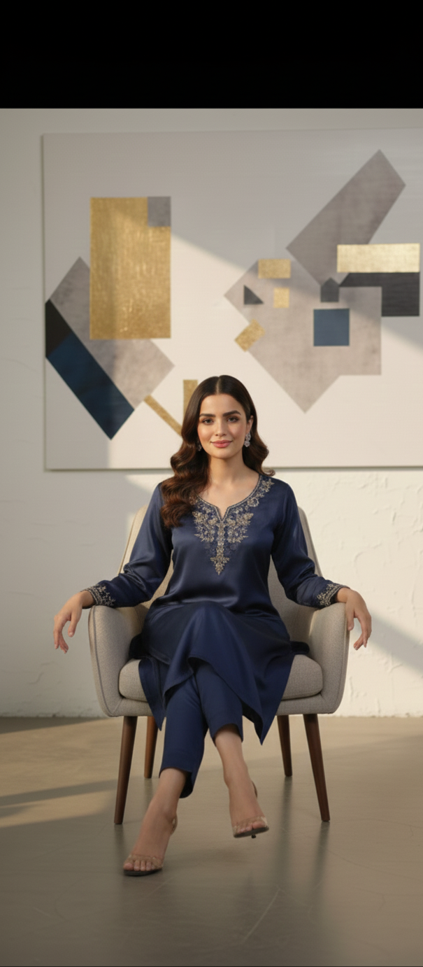 Midnight Navy Hand-Embellished Shamoos Silk 2-Piece Set