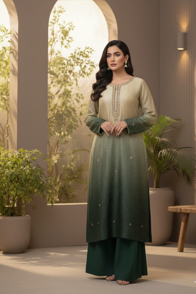 Ethereal Ombré Silk Suit with Hand-Embellished Neckline