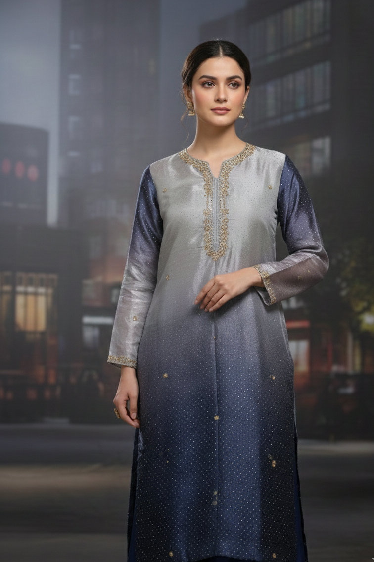 Hand-Embroidered Lama Tissue Kurta with Double-Shade Silk Dupatta