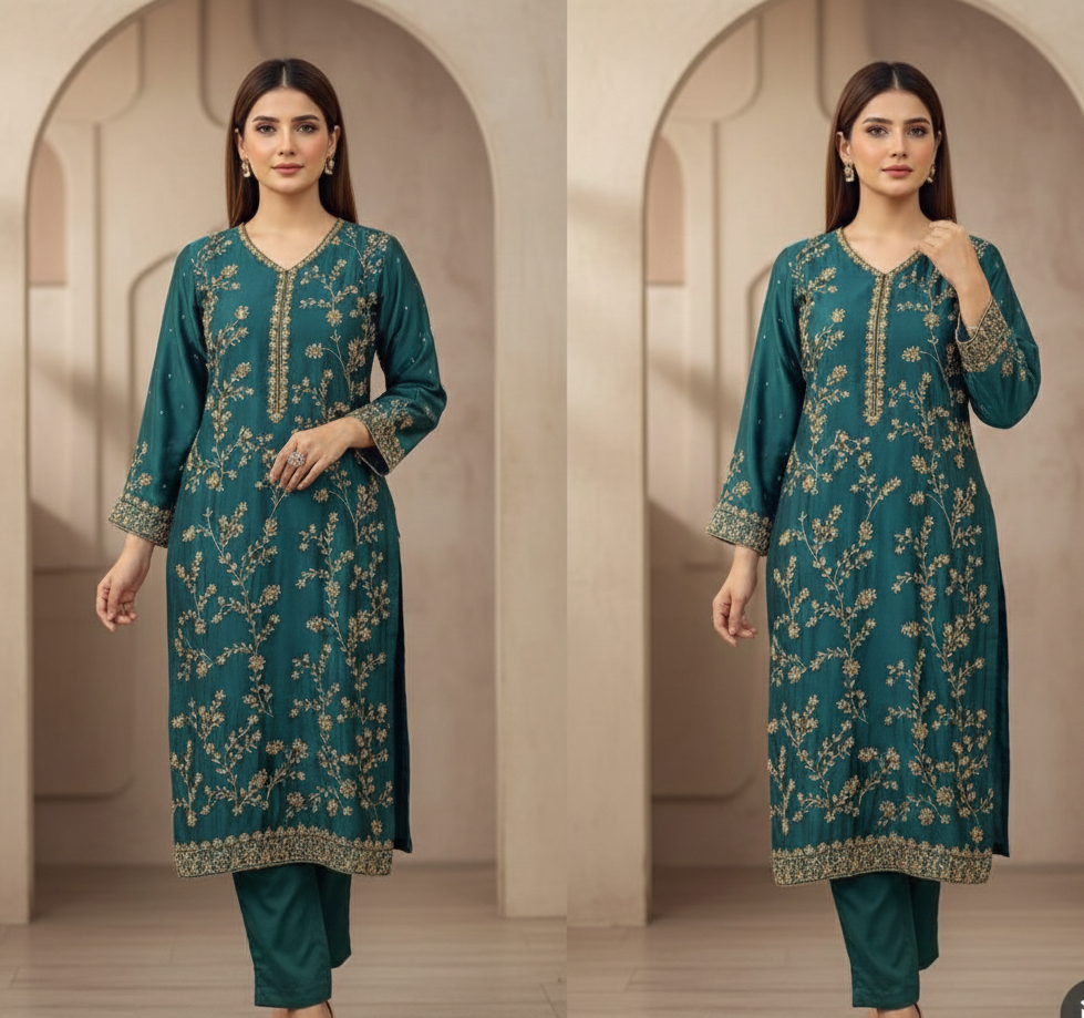 Forest Green Sheesha Silk Ensemble – 3 Piece Formal Wear