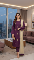 Plum Hand-Worked Khaadi Net 3pc Festive Suit