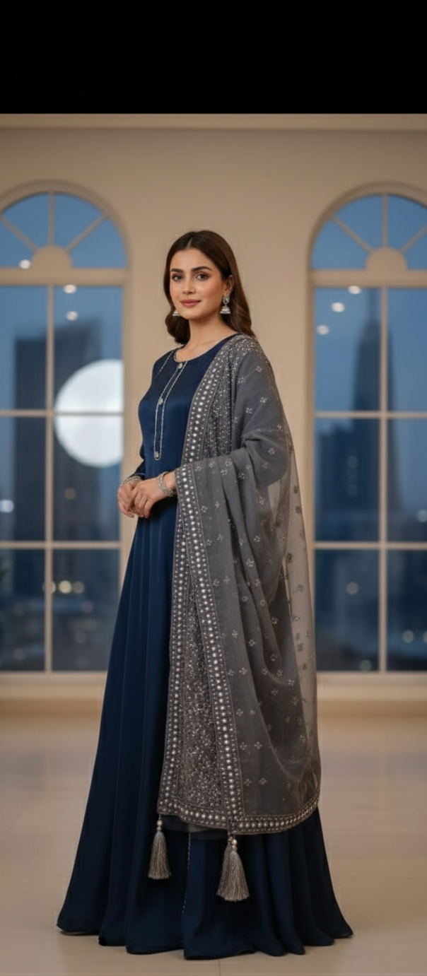 The Perfect Wedding Guest Look: Navy Silk Maxi with Intricate Grey Dupatta