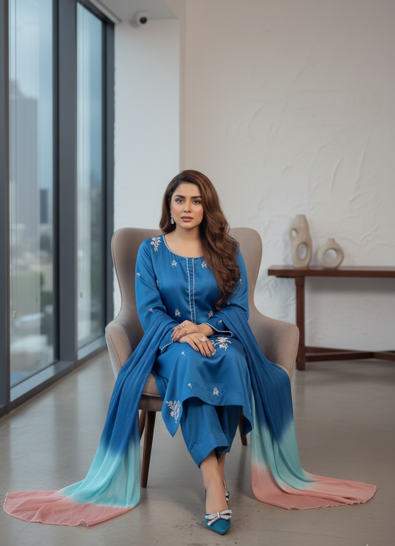 Teal Shamose Silk Co-ord with Tri-Tone Ombré Dupatta