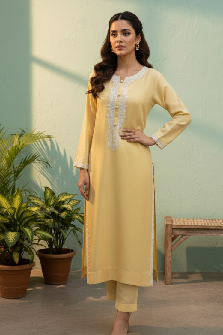 Elegant Lemon Yellow Embroidered Silk set...