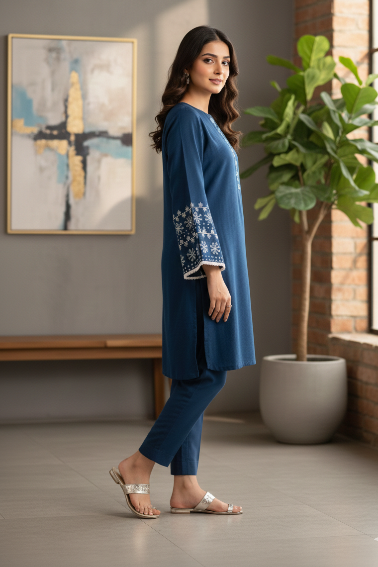 Midnight Blue Embroidered Khaadi Silk – 2 Piece Co-ord Set