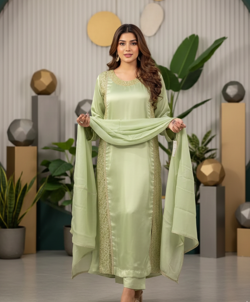 Pistachio Green Shamoz Silk Ensemble with Hand-Embellished Cut Dana Panels
