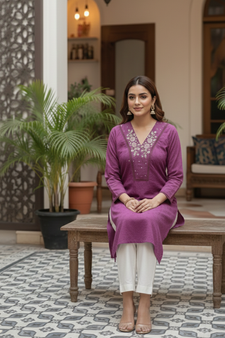 Hand-Touched Machine Embroidered Chikankari Kameez with Trouser & Farshi Shalwar