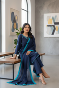 Azure Grace: Raw Silk Shirt & Trouser Set with Machine-Embroidered Neckline