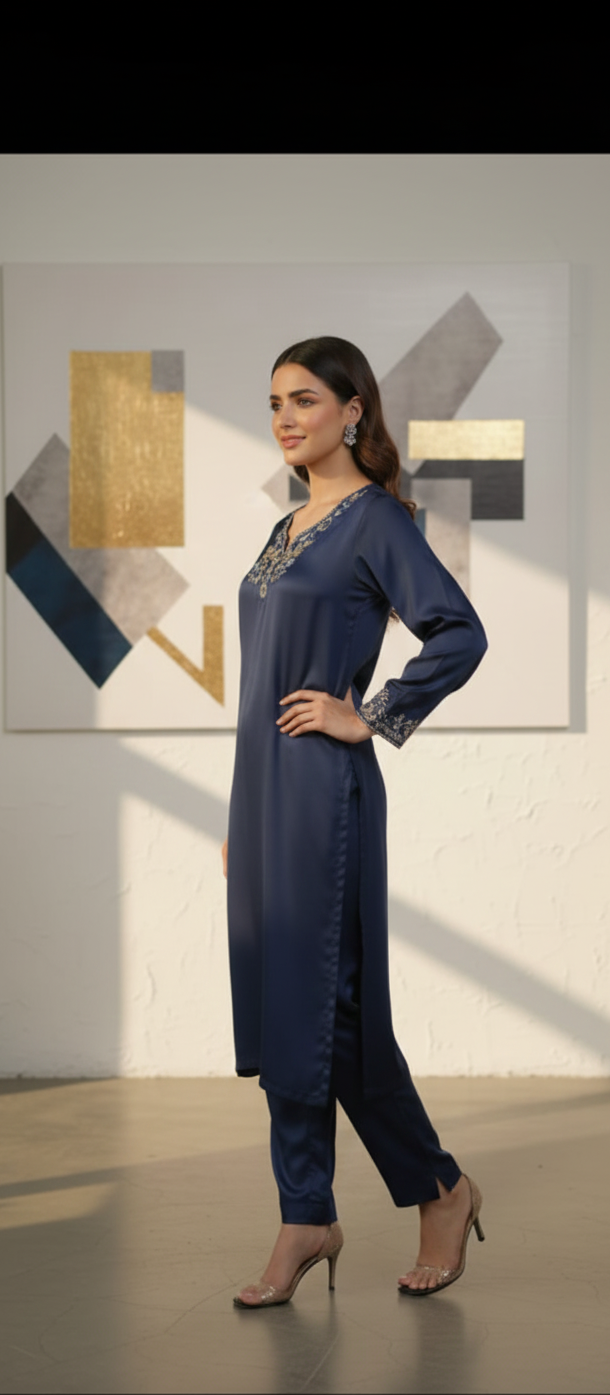 Midnight Navy Hand-Embellished Shamoos Silk 2-Piece Set