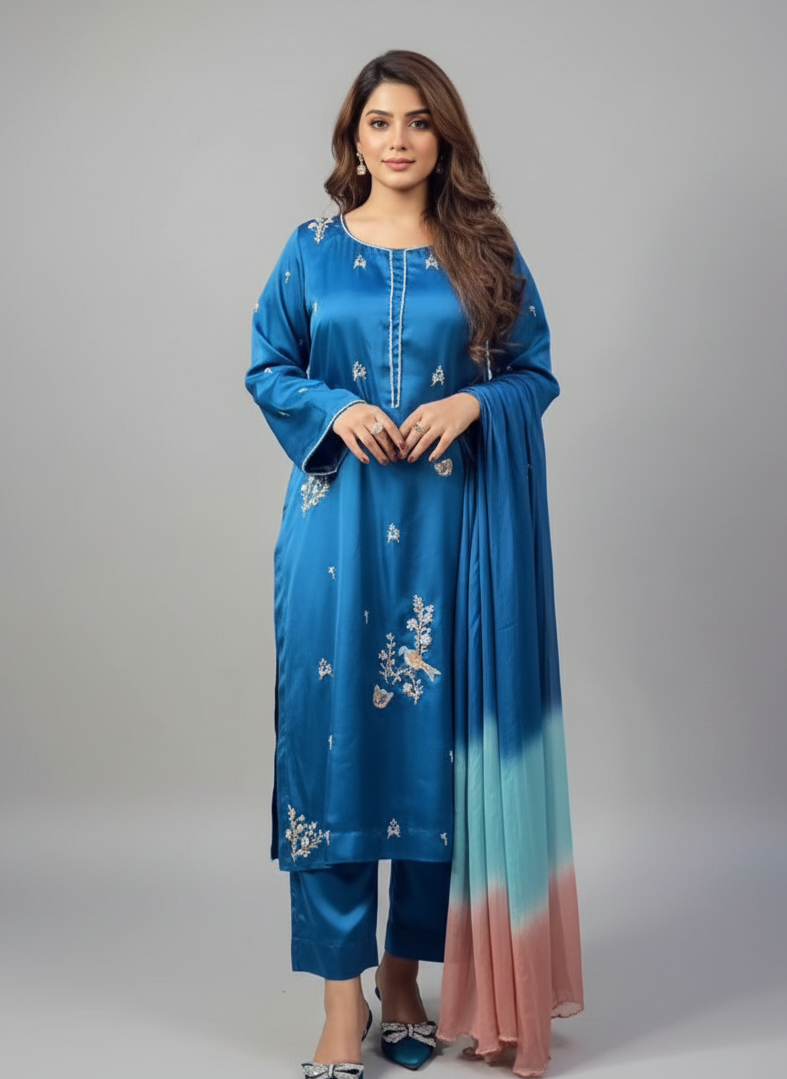 Teal Shamose Silk Co-ord with Tri-Tone Ombré Dupatta