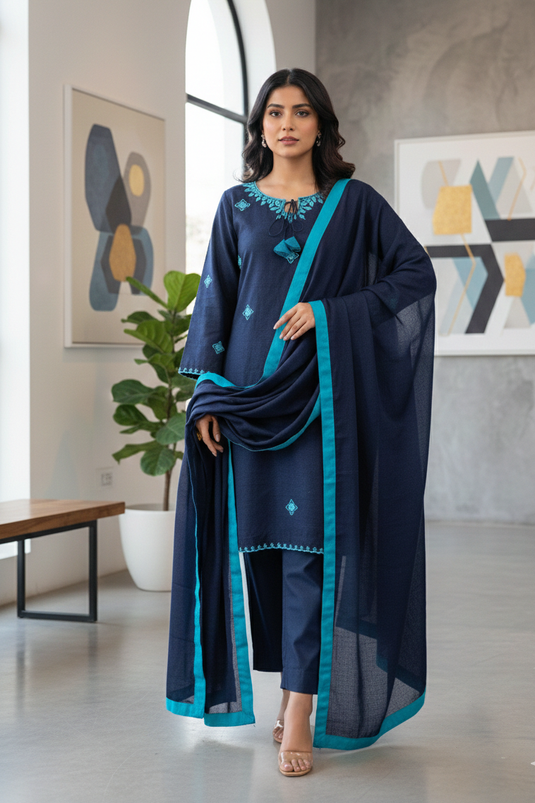 Azure Grace: Raw Silk Shirt & Trouser Set with Machine-Embroidered Neckline