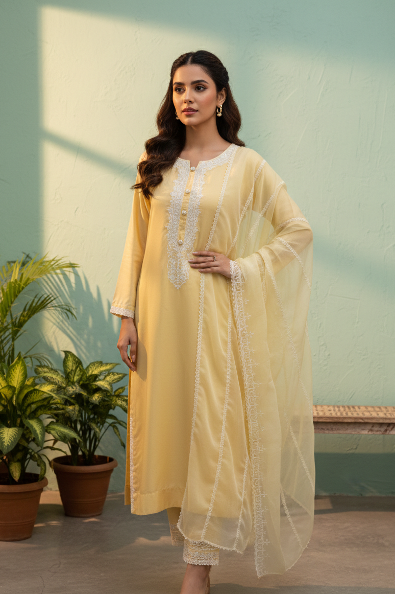 Elegant Lemon Yellow Embroidered Silk set...