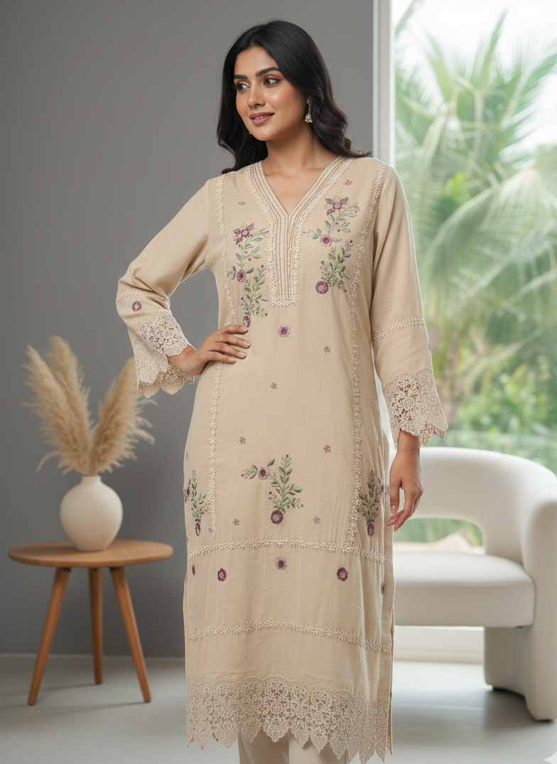 Floral Bloom Khaadi Net Suit – Intricate Machine Work & Lace Detailing