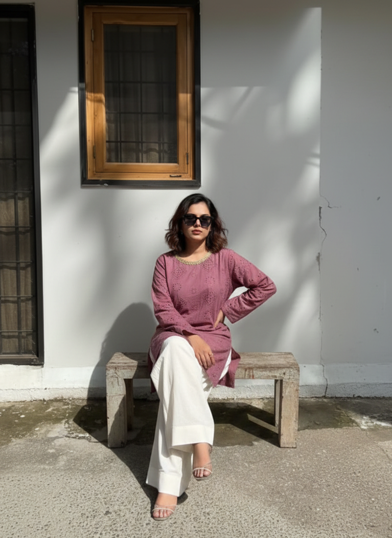 Dusty Rose Chikankari Kameez with Hand-Embroidered Neck & Farshi Shalwar Set