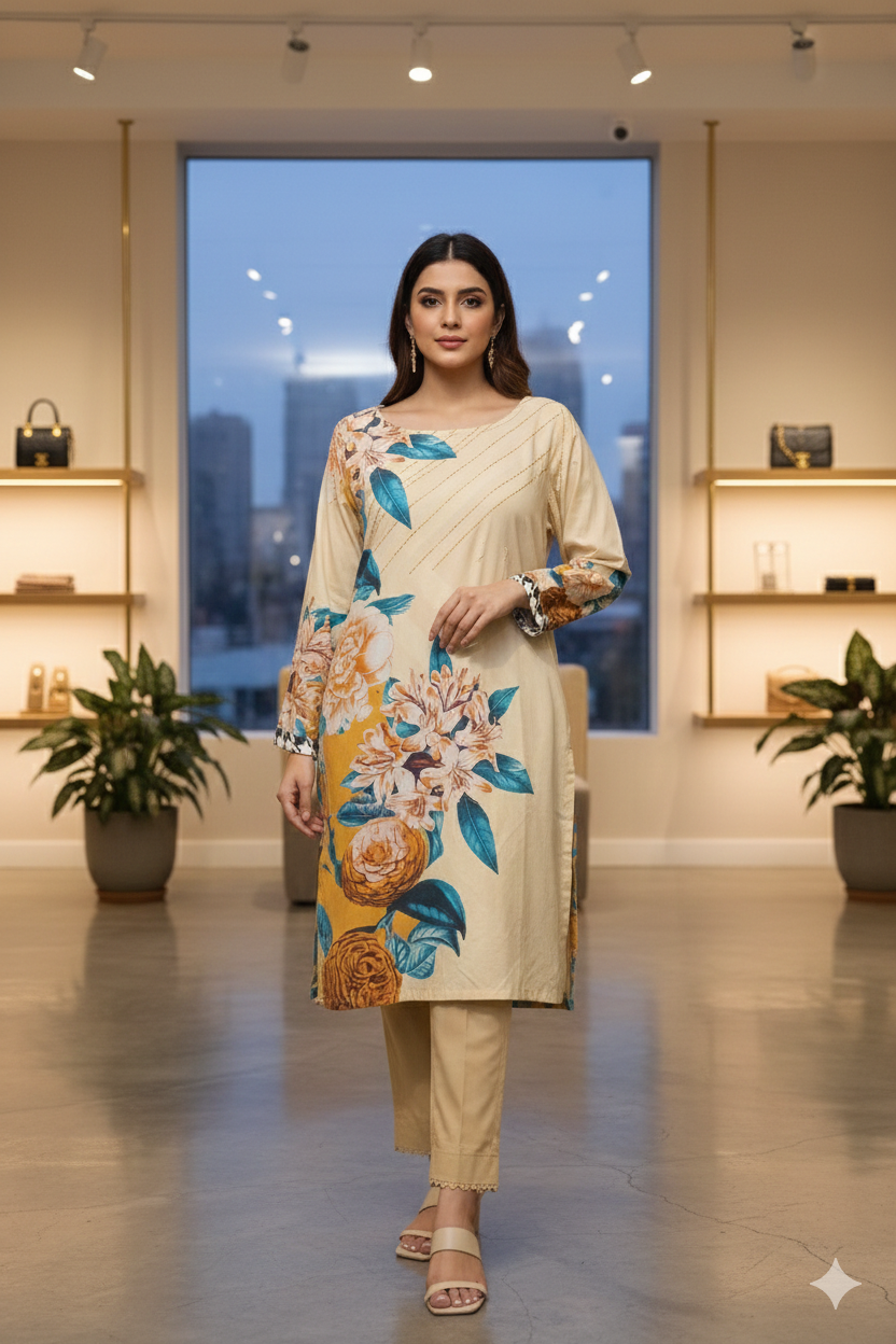 Beige & Mustard Botanical Lawn Ensemble