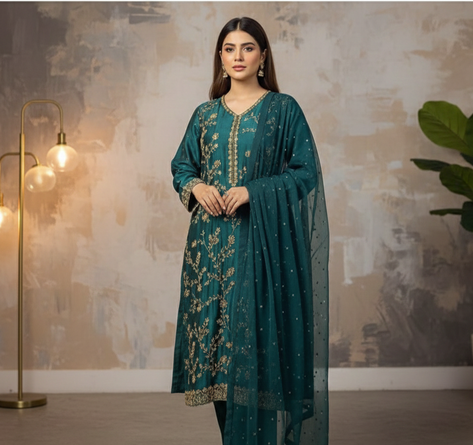 Forest Green Sheesha Silk Ensemble – 3 Piece Formal Wear