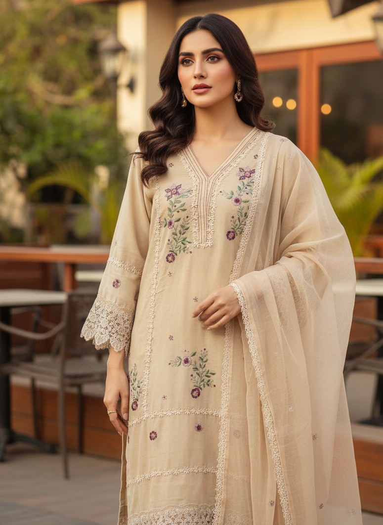 Floral Bloom Khaadi Net Suit – Intricate Machine Work & Lace Detailing