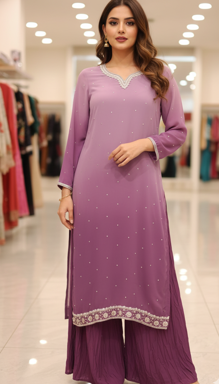 Lavender Fields Embroidered Suit💜 Trouser/Crush plazo