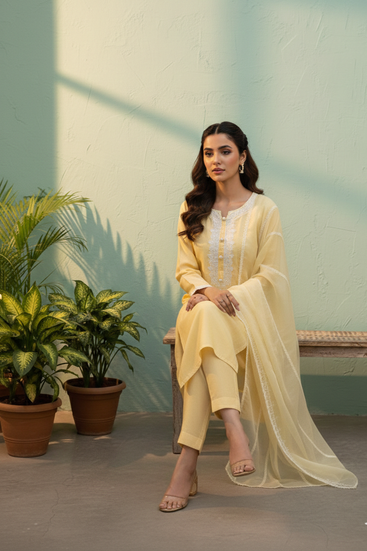 Elegant Lemon Yellow Embroidered Silk set...