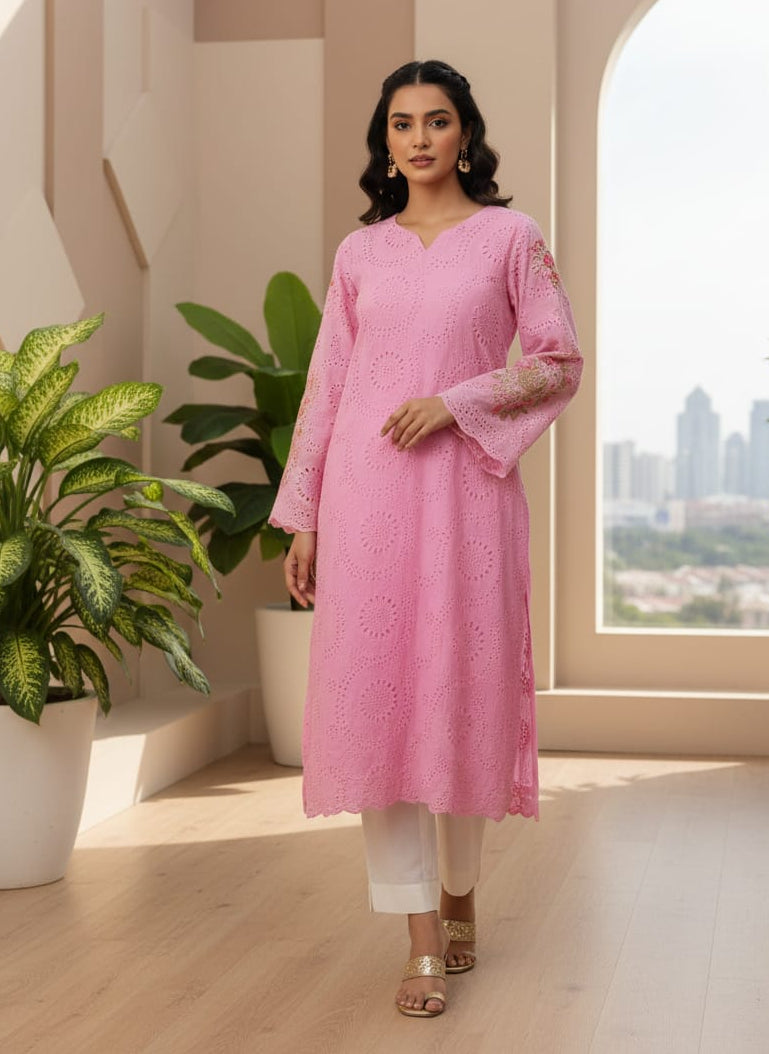 Hand-Work Sleeve Pink Chikankari Suit – Includes Farshi Shalwar or Trouser