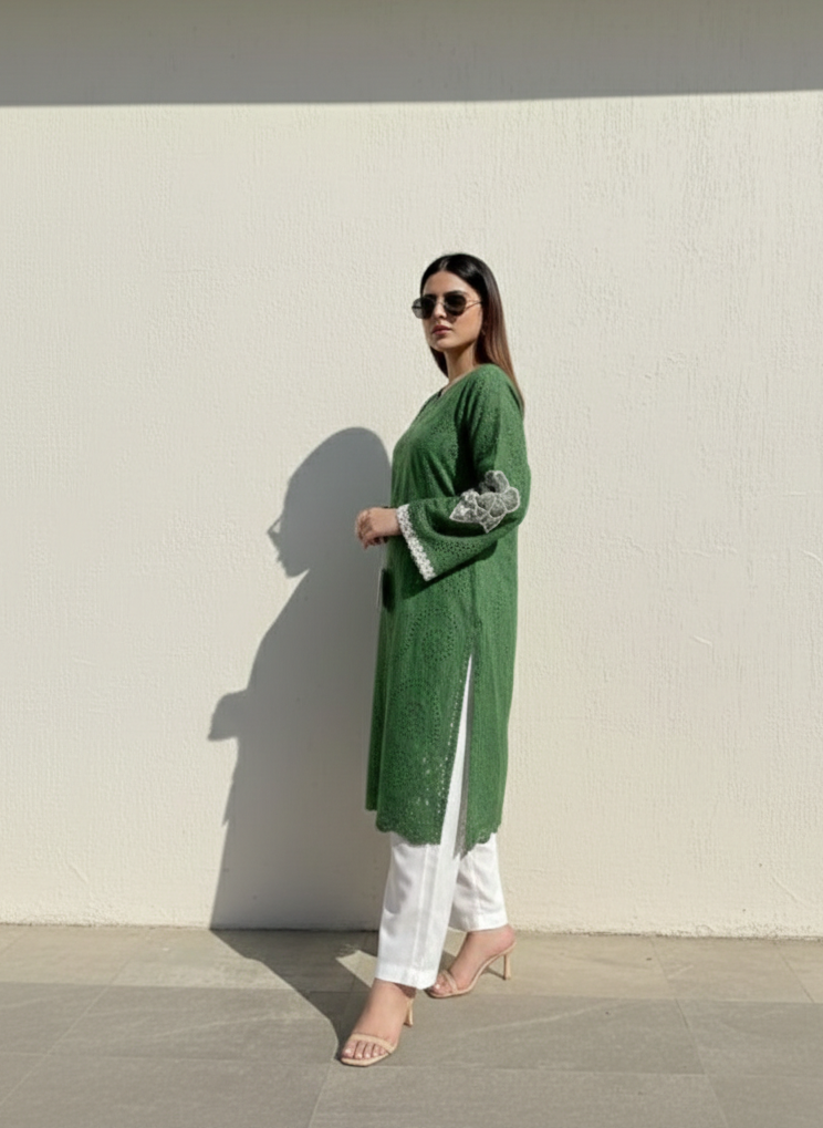 Forest Green Chikankari Shirt with Dual-Style Bottoms (Trouser & Farshi Shalwar)