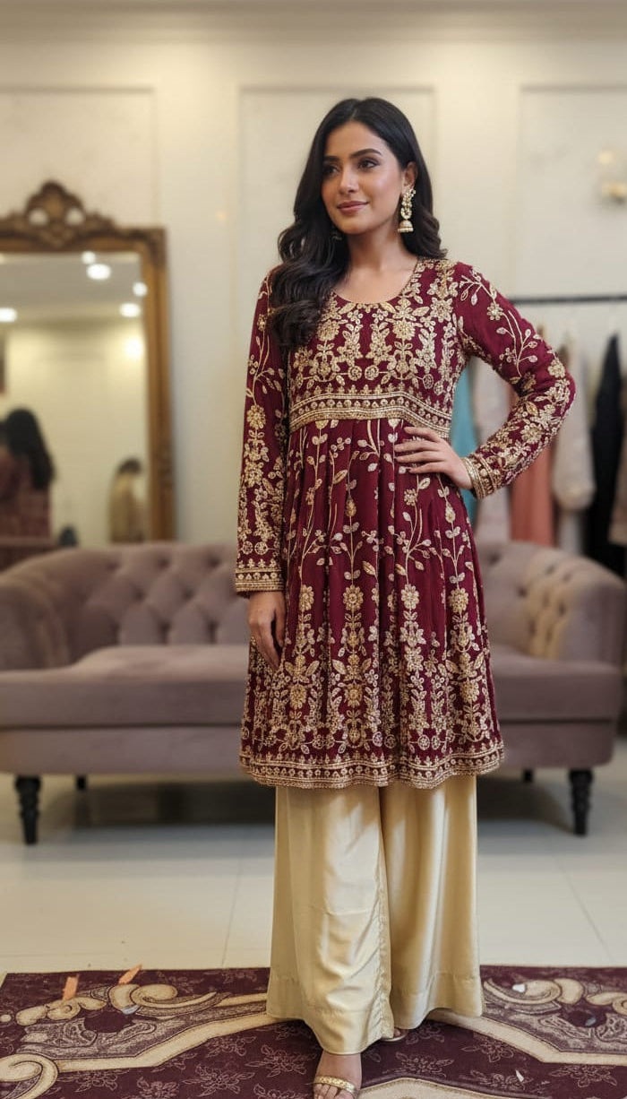 Deep Maroon Sequin Peplum & Silk Palazzo Set