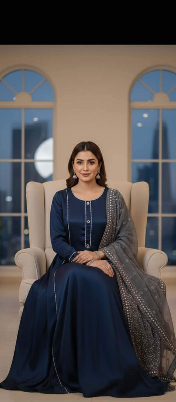 The Perfect Wedding Guest Look: Navy Silk Maxi with Intricate Grey Dupatta