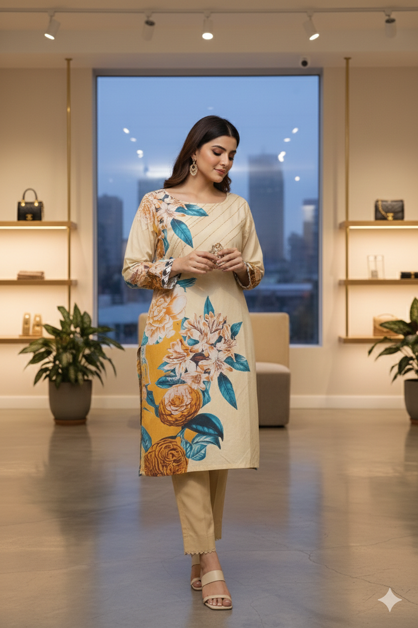 Beige & Mustard Botanical Lawn Ensemble