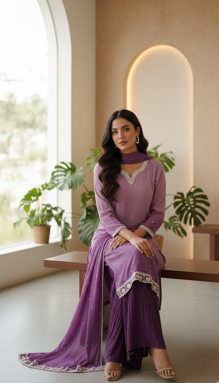 Lavender Fields Embroidered Suit💜 Trouser/Crush plazo