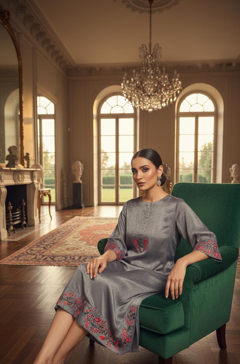 "The Slate Serenity: Embroidered Velvet Silk Co-ord"