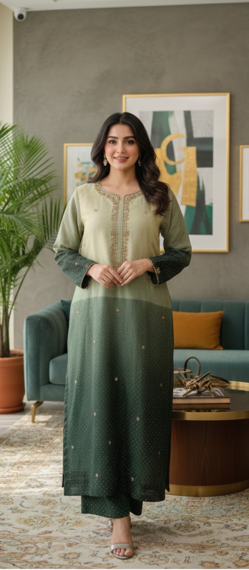 Ethereal Ombré Silk Suit with Hand-Embellished Neckline
